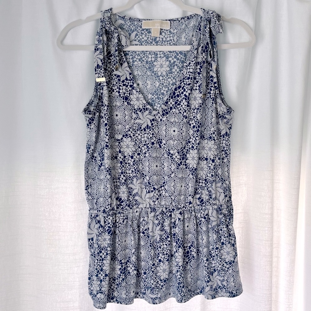 Michael Michael Kors Blue and White Peplum Blouse With Ties On Shoulders Medium